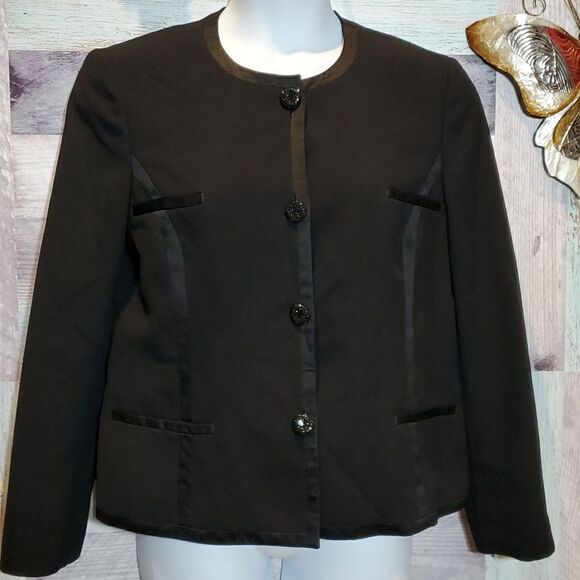 Kasper Black Elegant Evening Blazer Satin Trim Formal Wear Party  Sz 14 1223 - Picture 1 of 10